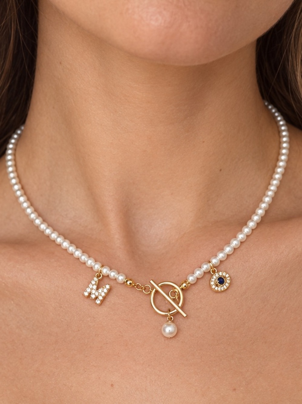 M initial Pearl Toggle Necklace with rye charm